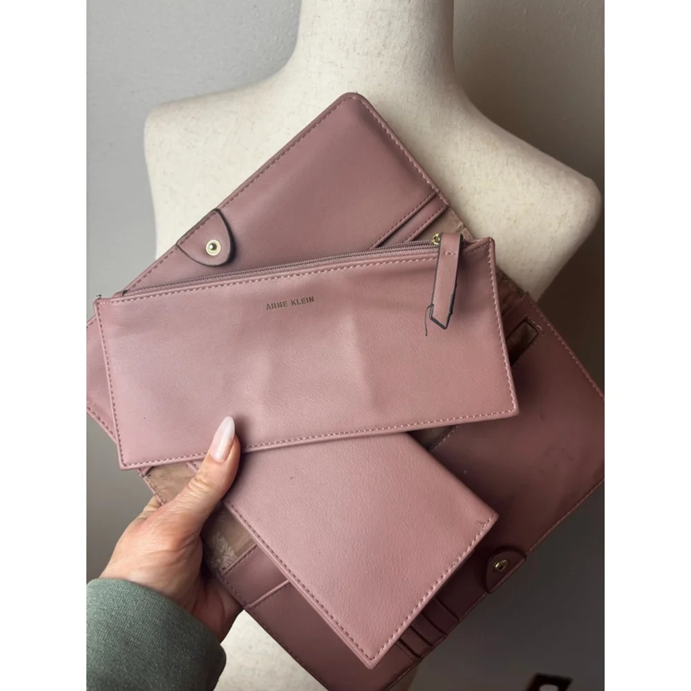 Anne Klein Mauve Quilted Wallet clutch 3 pc passport holder coin purse